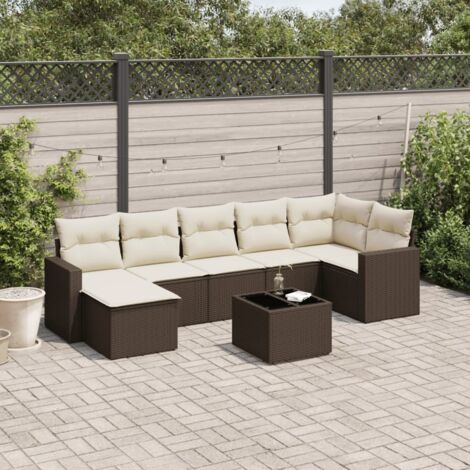 Ensemble Salon Jardin Modulaire 8 Places Résine Tressée Marron avec Coussins Blanc Crème et Table Verre Trémpé