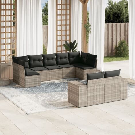 Ensemble salon jardin modulaire 9 pièces en résine tressée gris clair avec coussins, rangement intégré
