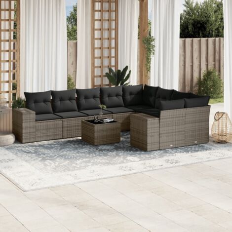 [Ensemble Salon Jardin Modulaire] Canapé + 2 Fauteuils d'Angle + 5 Sièges + Table en Résine Tressée Gris - Verre Trempé, Coussins Housse Lavable (10 Pièces)