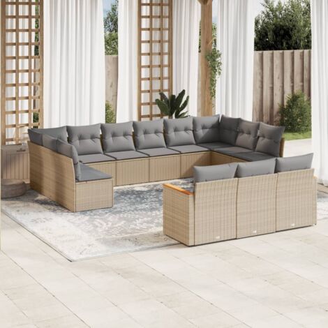 Ensemble Salon Jardin Modulaire Résine Tressée Beige 13 Pièces avec Coussins Gris et Rangement Intégré