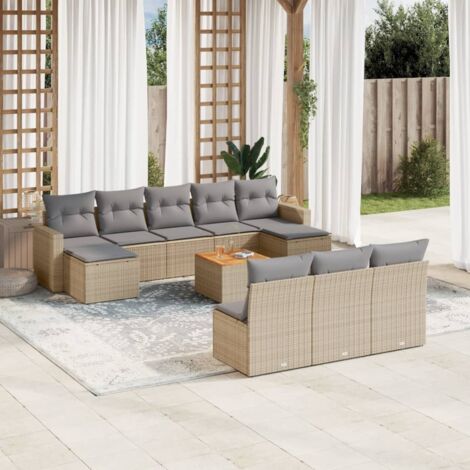 Ensemble Salon Jardin Résine Tressée 10 Pièces Beige Table Acacia Coussins Gris