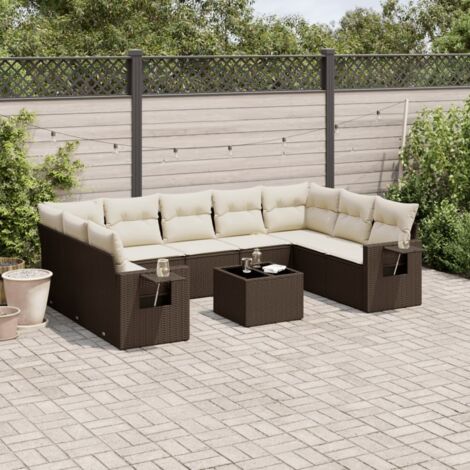 Ensemble Salon Jardin Résine Tressée 10 pièces Marron avec Coussins Crème et Table Plateau Verre Trempé