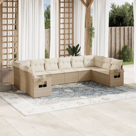 Ensemble Salon Jardin Résine Tressée 10 Places avec Coussins Beige - 10 Pièces Modulable Tables Accoudoirs Intégrées