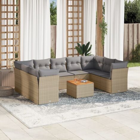 Ensemble Salon Jardin Résine Tressée 10 Places Beige avec Coussins Gris Modulable Table Acacia