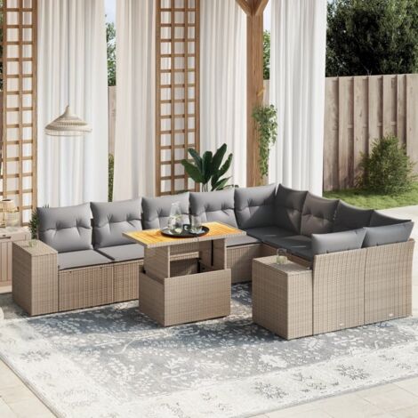 Ensemble Salon Jardin Résine Tressée 10 Places Beige avec Coussins Gris Modulable Table Acacia Réglable