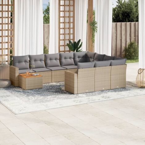 Ensemble salon jardin résine tressée 11 pièces beige avec coussins amovibles et table en acacia