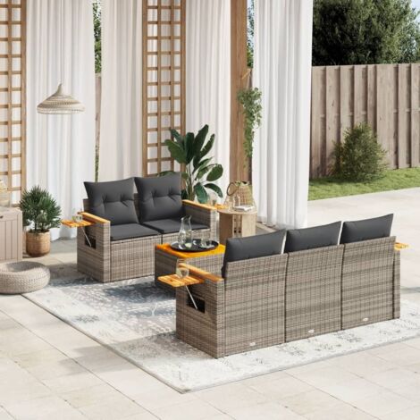 Ensemble Salon Jardin Résine Tressée 5 Pièces Noire avec Coussins et Table Acacia Modulable