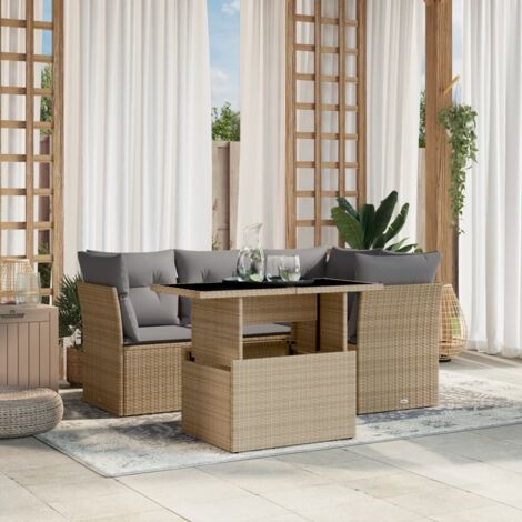 Ensemble Salon Jardin Résine Tressée 5 Places Beige Modulable avec Table Basse/à Manger Réglable et Coussins Gris Lavables