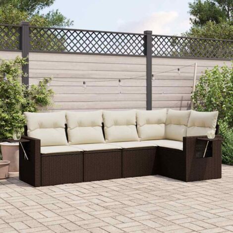 Ensemble Salon Jardin Résine Tressée 5 Places Modulaire Marron avec Tables d'Appoint et Coussins Lavables