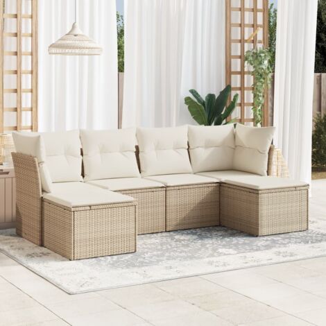Ensemble Salon Jardin Résine Tressée 6 Places Beige avec Coussins et Rangement Modulaire