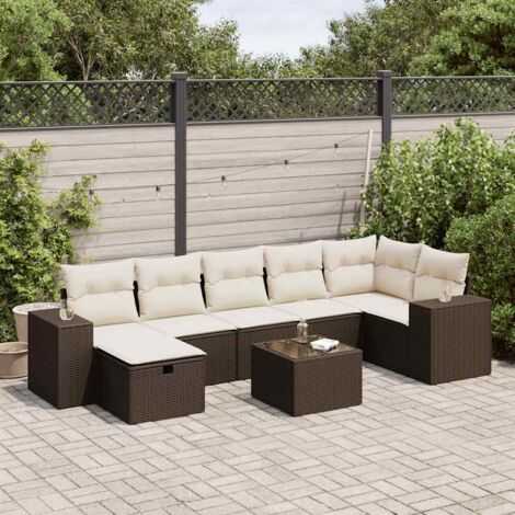 Ensemble Salon Jardin Résine Tressée 8 Pièces Marron avec Table, Coussins Blancs Crème et Sac de Rangement