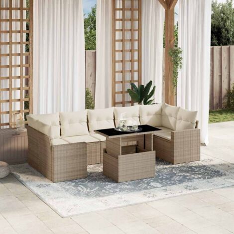 Ensemble Salon Jardin Résine Tressée 8 Places Beige avec Coussins Amovibles et Table Réglable