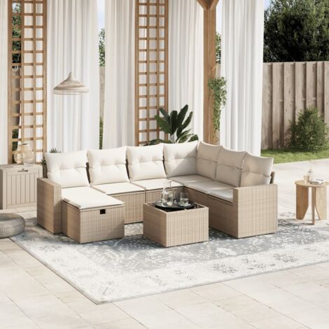 Ensemble Salon Jardin Résine Tressée 8 Places Table Verre Trempé Coussins Amovibles Beige