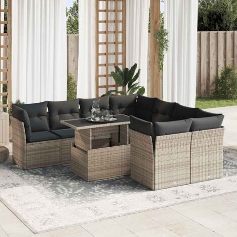 Ensemble Salon Jardin Résine Tressée 9 Pièces avec Table Réglable et Coussins Gris