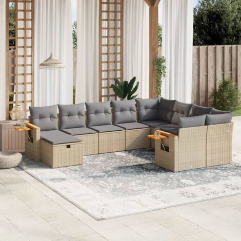 Ensemble Salon Jardin Résine Tressée Beige 10 Pièces avec Coussins Gris - Canapé d'Angle, Central et Table Acacia Modulable