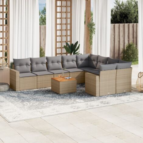 Ensemble Salon Jardin Résine Tressée Beige 10 Pièces avec Coussins Gris Modulaire