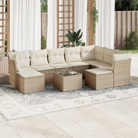 Ensemble Salon Jardin Résine Tressée Beige 10 Pièces avec Coussins, Table Verre Trempé, Sièges et Poufs Rangement Modulaires
