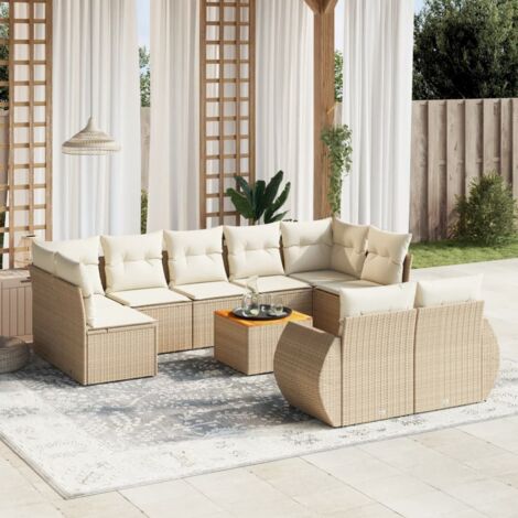 Ensemble Salon Jardin Résine Tressée Beige 10 Places avec Coussins et Table Acacia Modulable Rangement