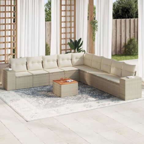 Ensemble Salon Jardin Résine Tressée Beige 10 Places avec Coussins et Table Acacia - Modulaire, Rangement Intégré