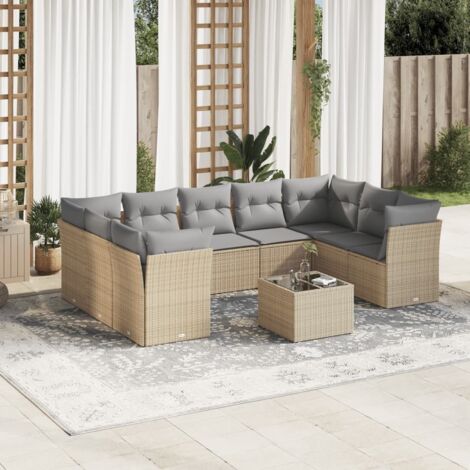 Ensemble Salon Jardin Résine Tressée Beige 10 Places avec Coussins Gris - 9 Sièges Modulables + Table Verre Trempé 55x55cm