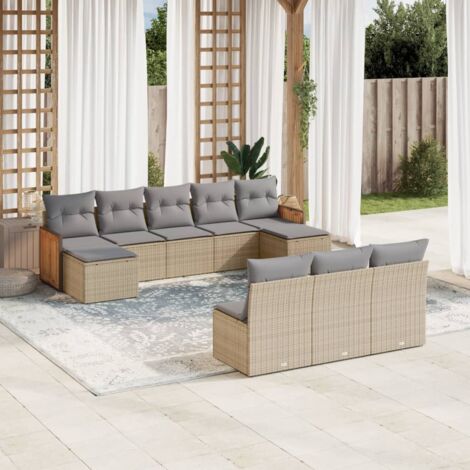 Ensemble Salon Jardin Résine Tressée Beige 10 Places avec Coussins Gris Modulable Stockage