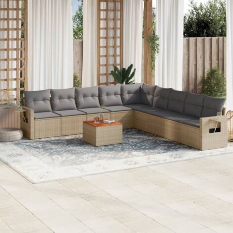 Ensemble Salon Jardin Résine Tressée Beige 10 Places avec Coussins Gris Modulable Table Acacia
