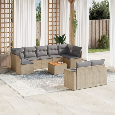 Ensemble Salon Jardin Résine Tressée Beige 10 Places avec Coussins Gris Modulable Table Acacia