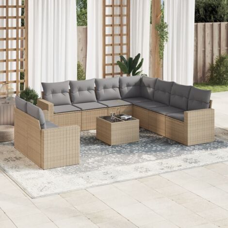 Ensemble Salon Jardin Résine Tressée Beige 10 Places avec Coussins Gris Modulable Table Verre Trempé