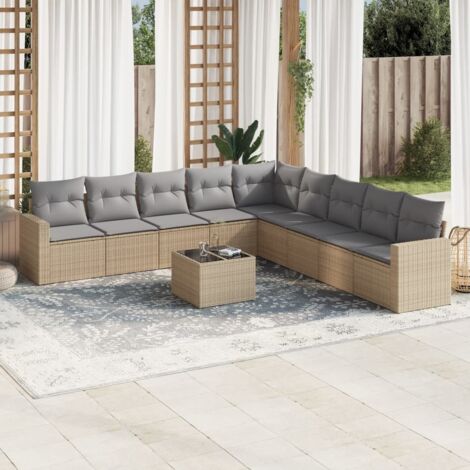 Ensemble Salon Jardin Résine Tressée Beige 10 Places avec Coussins Gris Modulable Table Verre Trempé