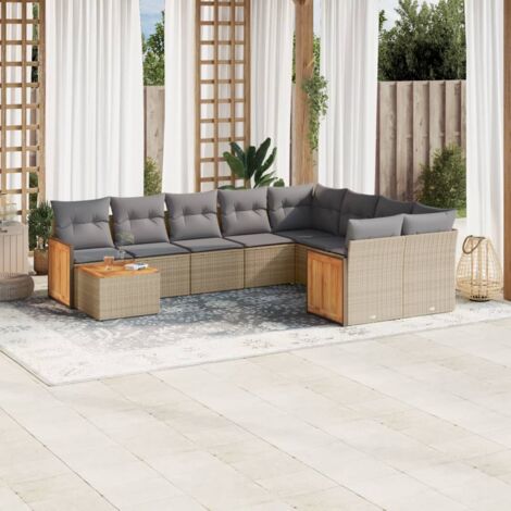 Ensemble Salon Jardin Résine Tressée Beige 10 Places avec Coussins Gris - Modulaire 9 Sièges + Table Acacia