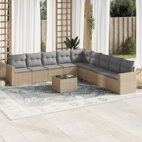 Ensemble Salon Jardin Résine Tressée Beige 10 Places avec Coussins Gris, Table Verre Trempé, Stockage Intégré, Modulaire, Résistant aux UV