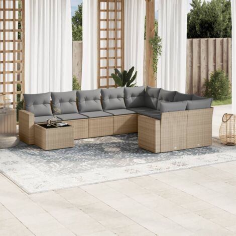 Ensemble Salon Jardin Résine Tressée Beige 10 Places avec Table Verre Trempé et Coussins Gris Amovibles