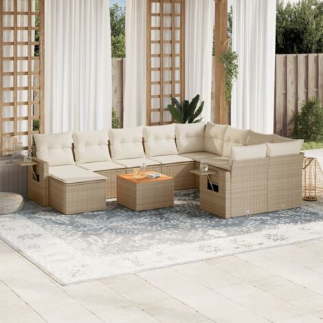Ensemble Salon Jardin Résine Tressée Beige 11 Pièces avec Coussins Crème Modulable