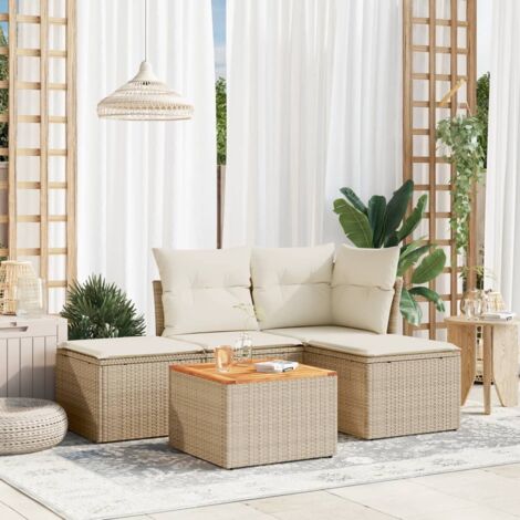 Ensemble salon jardin résine tressée beige, 2 sièges + 2 poufs + table acacia, coussins crème amovibles et rangements intégrés