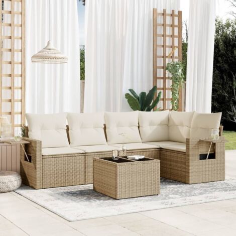 Ensemble Salon Jardin Résine Tressée Beige 6 Places avec Coussins et Table - Stockage Intégré, Modulaire, Housse Lavable
