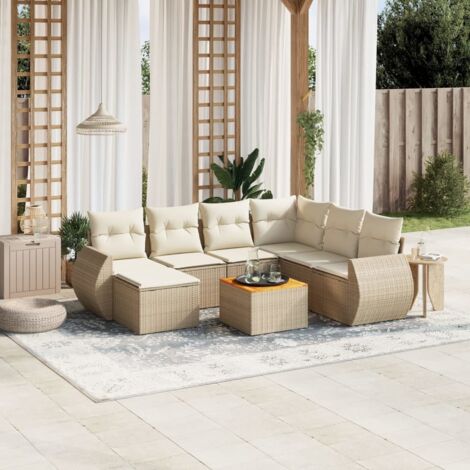 Ensemble Salon Jardin Résine Tressée Beige 8 Places avec Coussins - Canapé d'Angle, Sièges Centraux, Table Acacia et Repose-Pieds Modulable