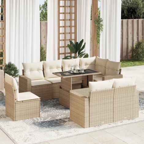 Ensemble Salon Jardin Résine Tressée Beige 9 Places avec Table et Coussins Crème - Stockage Intégré et Housse Lavable