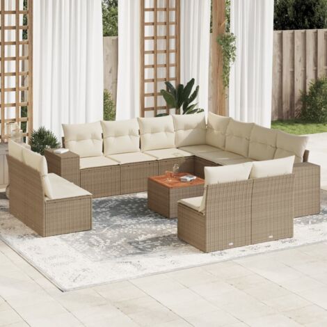 Ensemble Salon Jardin Résine Tressée Beige avec 12 Coussins - 11 Places Modulaires Table Acacia Stockage