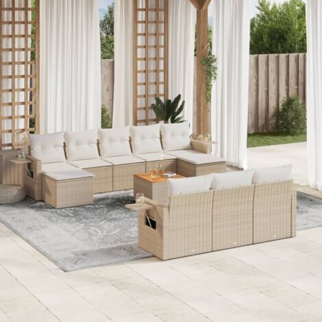 Ensemble Salon Jardin Résine Tressée Beige avec Coussins Gris 10 Pièces Table Acacia Modulaire  3 Sièges + 4 Canapés + 2 Poufs + 1 Table  Assemblage Facile