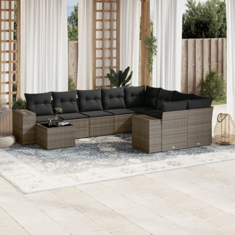 Ensemble Salon Jardin Résine Tressée Gris 10 Pièces avec Coussins Décoratifs et Table en Verre Trempé
