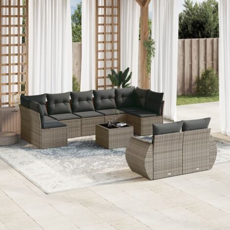 Ensemble salon jardin résine tressée gris 10 places avec coussins et table verre trempé