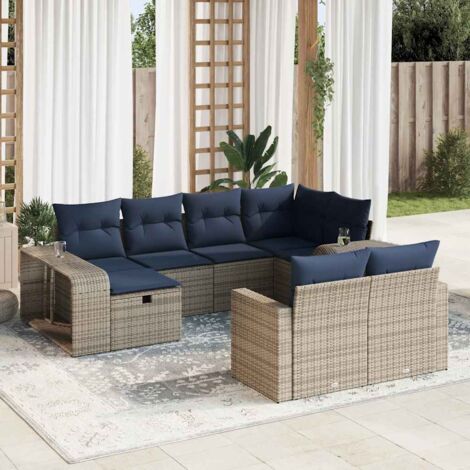 Ensemble salon jardin résine tressée gris 10 places avec coussins marine et rangement intégré