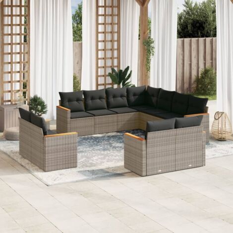 Ensemble Salon Jardin Résine Tressée Gris, 11 Pièces avec Coussins Lavables et Rangement Etanche, Configuration Modulaire, Siège d'Angle Central, Dimension Personnalisable