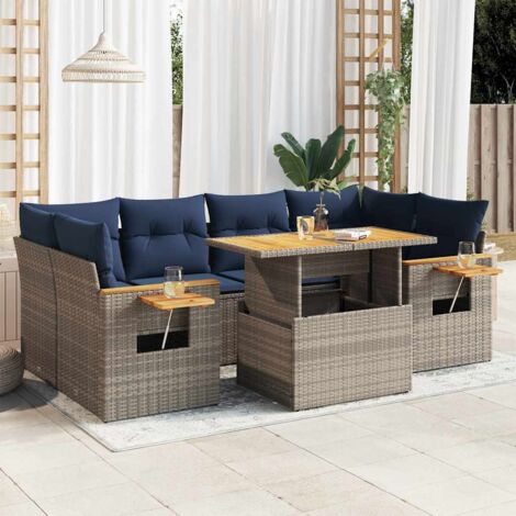 Ensemble Salon Jardin Résine Tressée Gris 7 Pièces avec Coussins Bleu Marine et Table Réglable