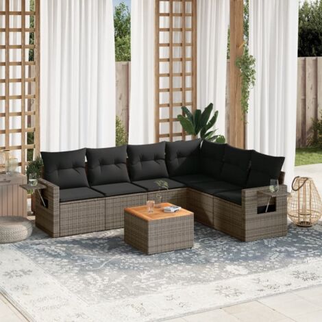 Ensemble salon jardin résine tressée gris 7 pièces avec coussins et table acacia