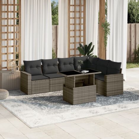Ensemble Salon Jardin Résine Tressée Gris 7 Pièces avec Coussins Modulable Table Réglable Hauteur