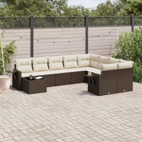Ensemble Salon Jardin Résine Tressée Marron 10 Pièces avec Coussins Crème et Table en Verre Trempé, Mobilier d'Extérieur Modulaire Confortable