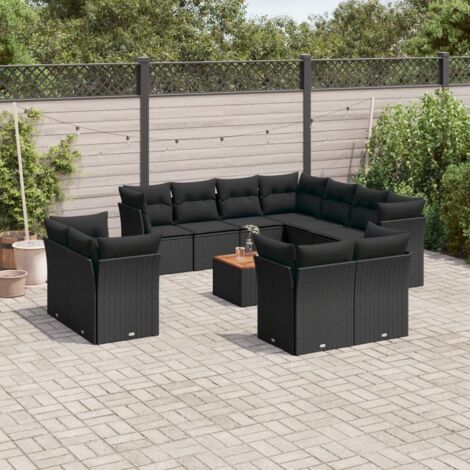 Ensemble Salon Jardin Résine Tressée Noir Modulaire 12 Pièces avec Coussins – Sofa Coin 7 + Centre 4 + Table 55 cm Acacia et 29 Coussins – Matériau Durabilité, Design Extérieur