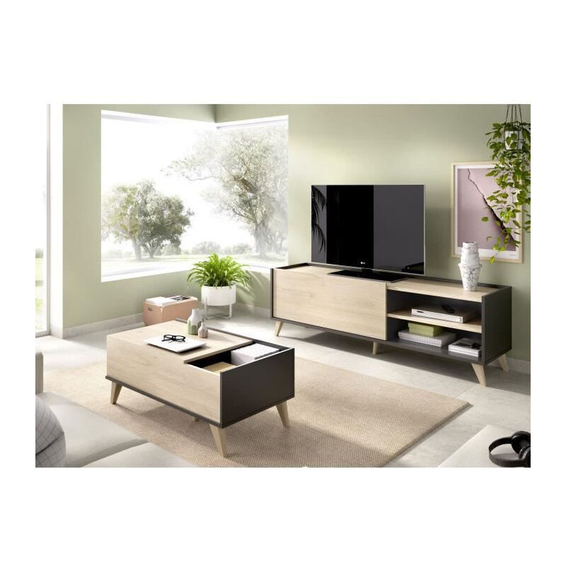 Ensemble salon NESS : Meuble TV + Table basse relevable - Mélaminé - Décor chene et anthracite