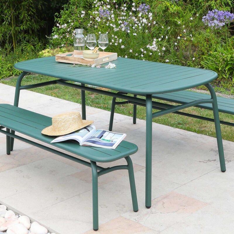 Ensemble table et 2 bancs de jardin en aluminium Oscar - Vert